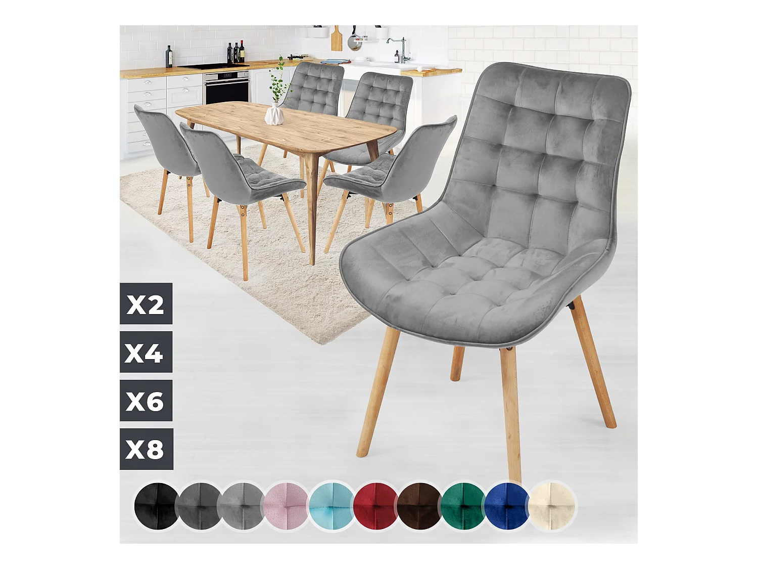 Floraya - ensemble 6 chaises de salle à manger branché en velours - gris clair