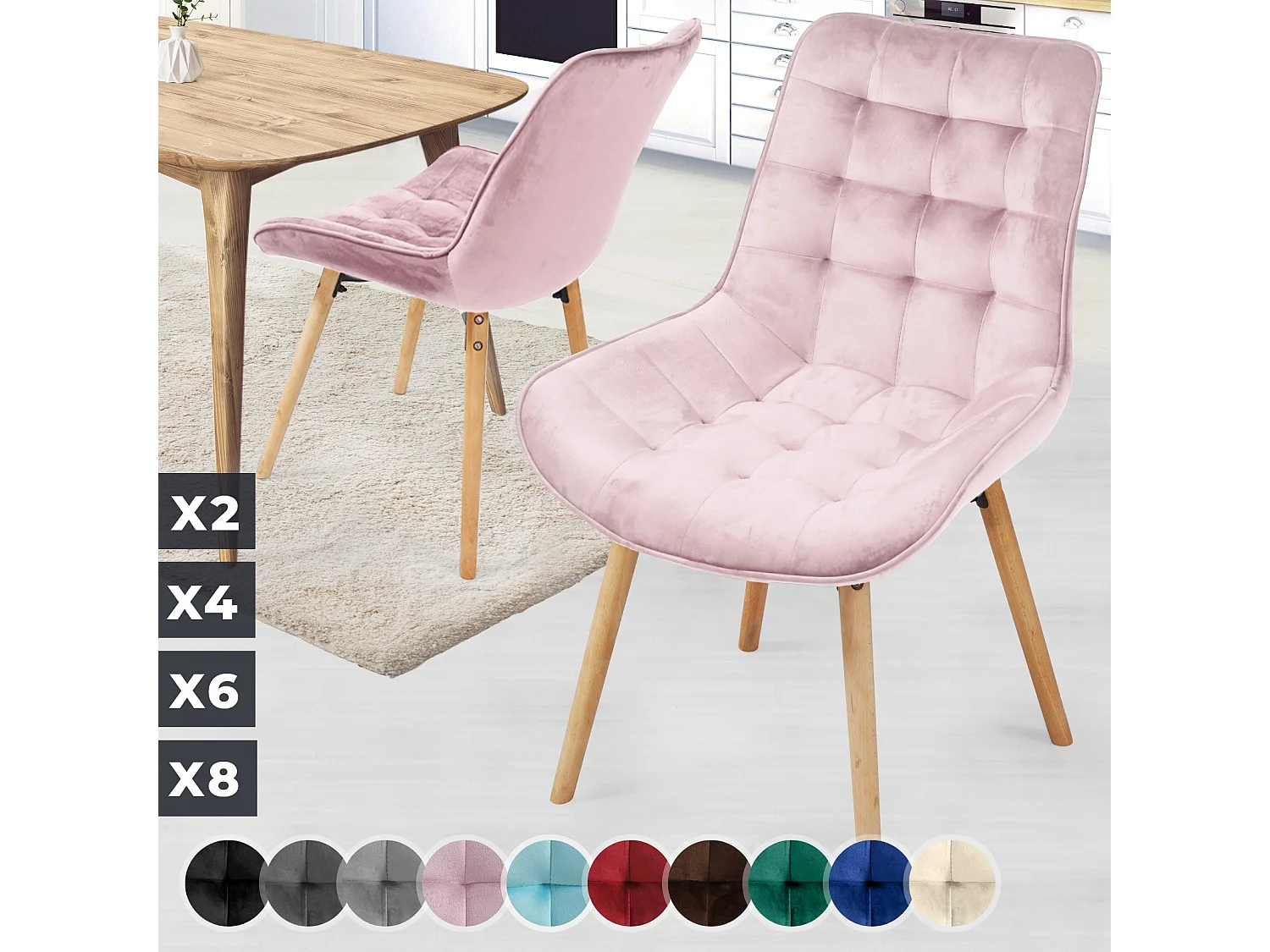 Floraya - ensemble 2 chaises de salle à manger branché en velours - rose