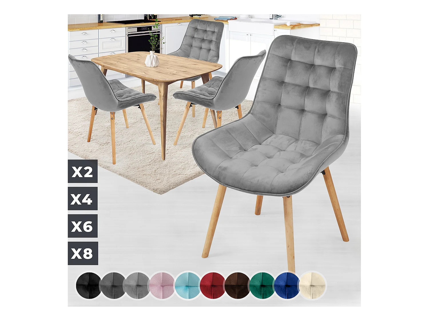 Floraya - ensemble 4 chaises de salle à manger branché en velours - gris clair