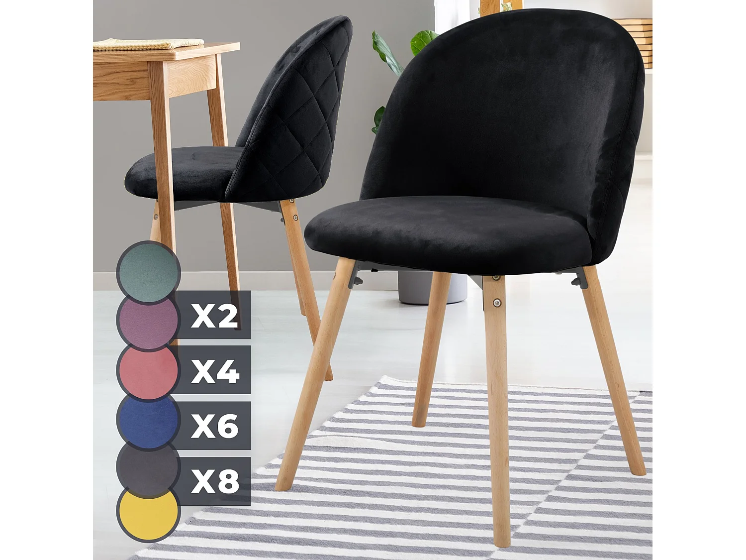 Floraya - set 2 moderne fluwelen eetkamerstoelen - zwart