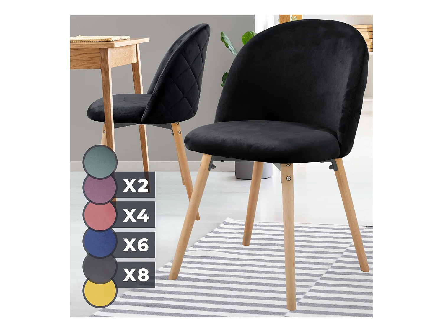Floraya - ensemble 2 chaises de salle à manger modernes en velours - noir