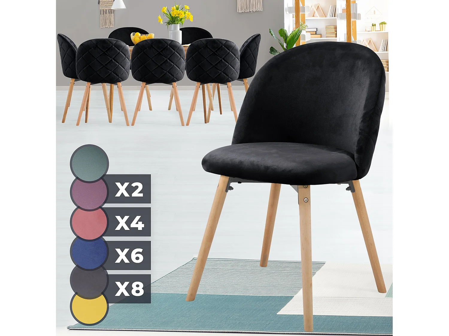 Floraya - set 8 moderne fluwelen eetkamerstoelen - zwart