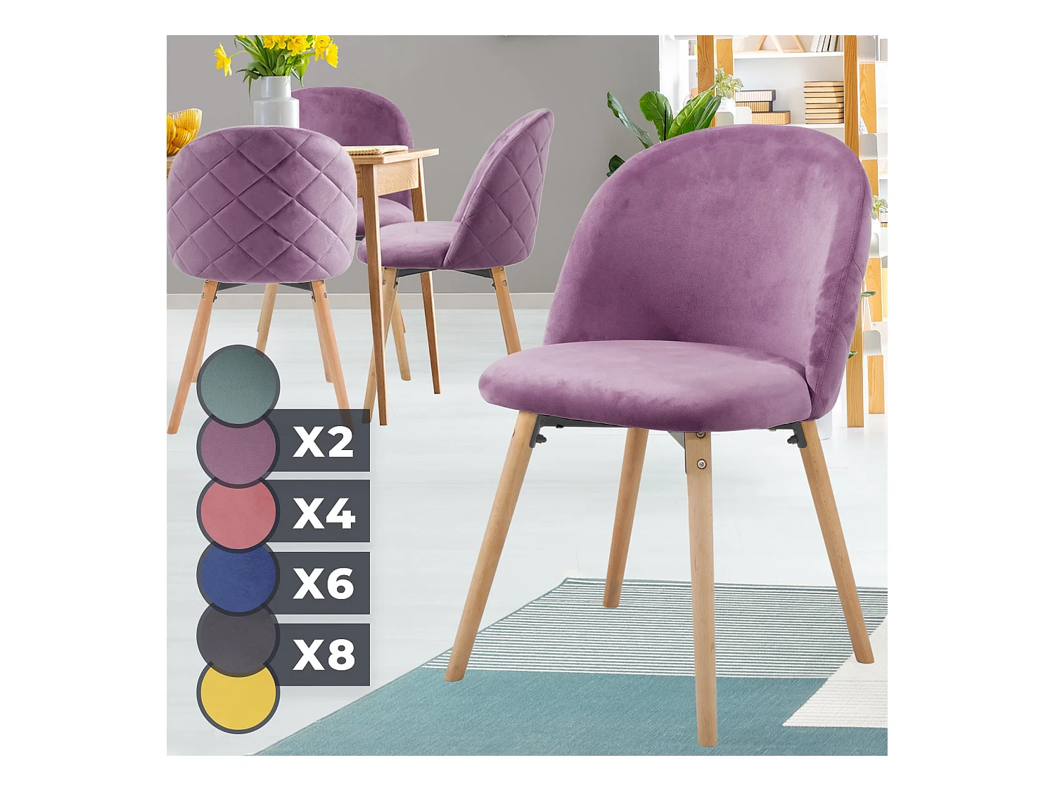 Floraya - ensemble 4 chaises de salle à manger modernes en velours - violet