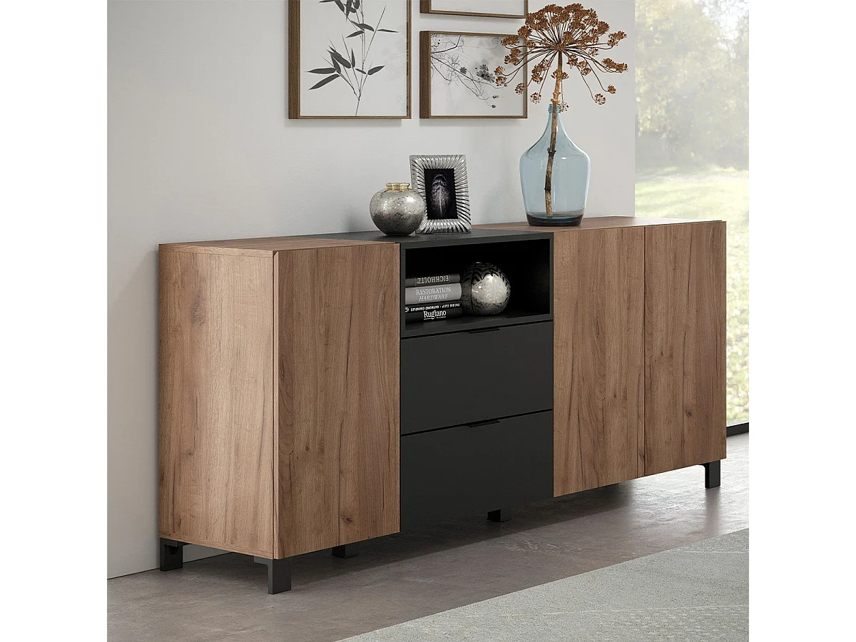 Kendo dressoir 3 deuren, 2 laden, 1 plank, eik decor, zwart mat.