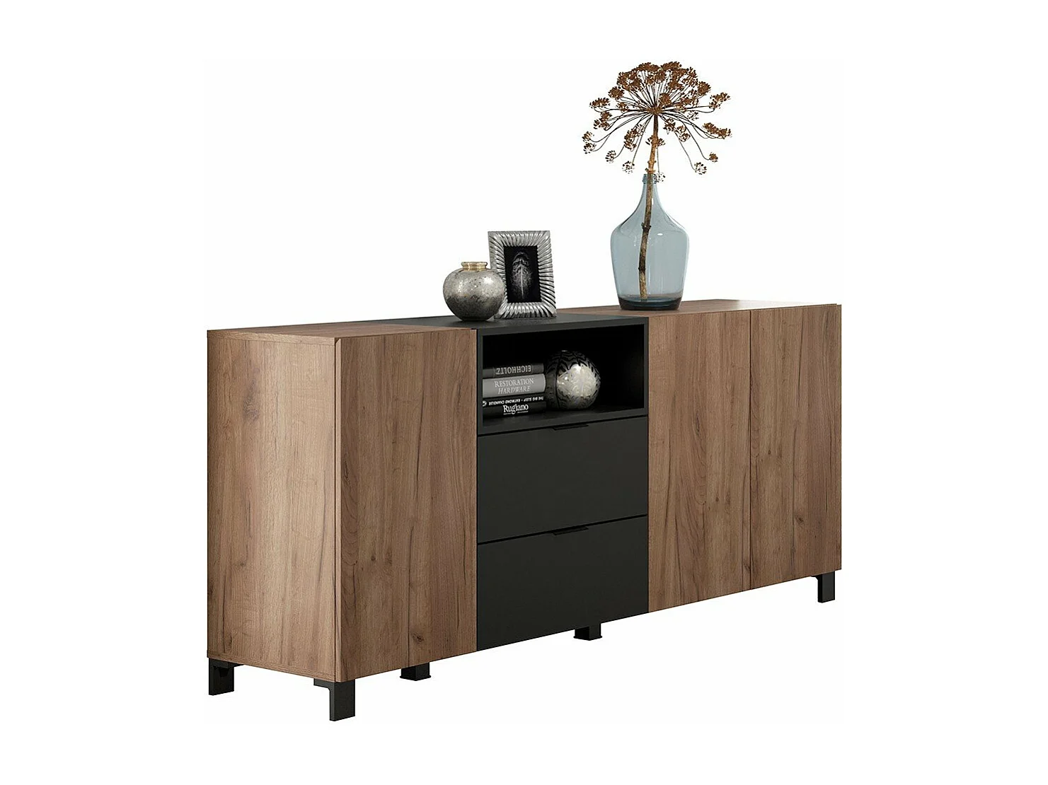 Kendo dressoir 3 deuren, 2 laden, 1 plank, eik decor, zwart mat.