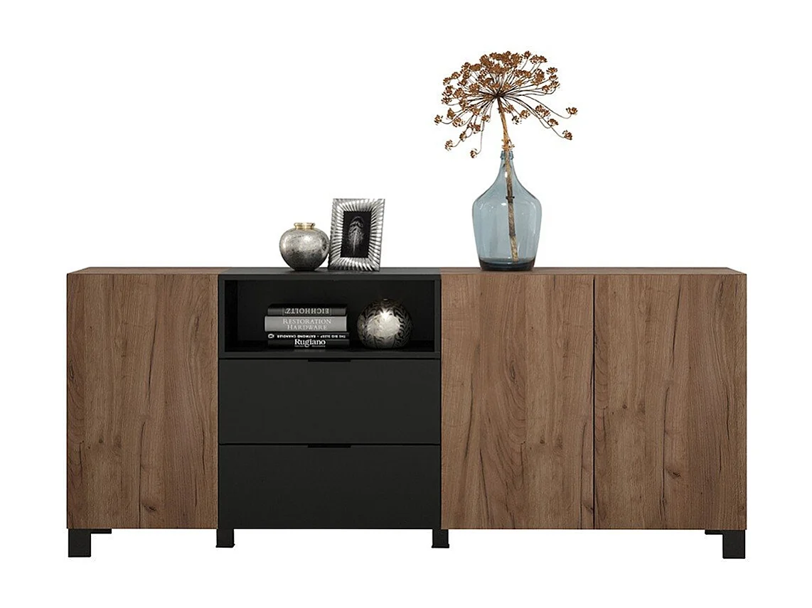 Kendo dressoir 3 deuren, 2 laden, 1 plank, eik decor, zwart mat.