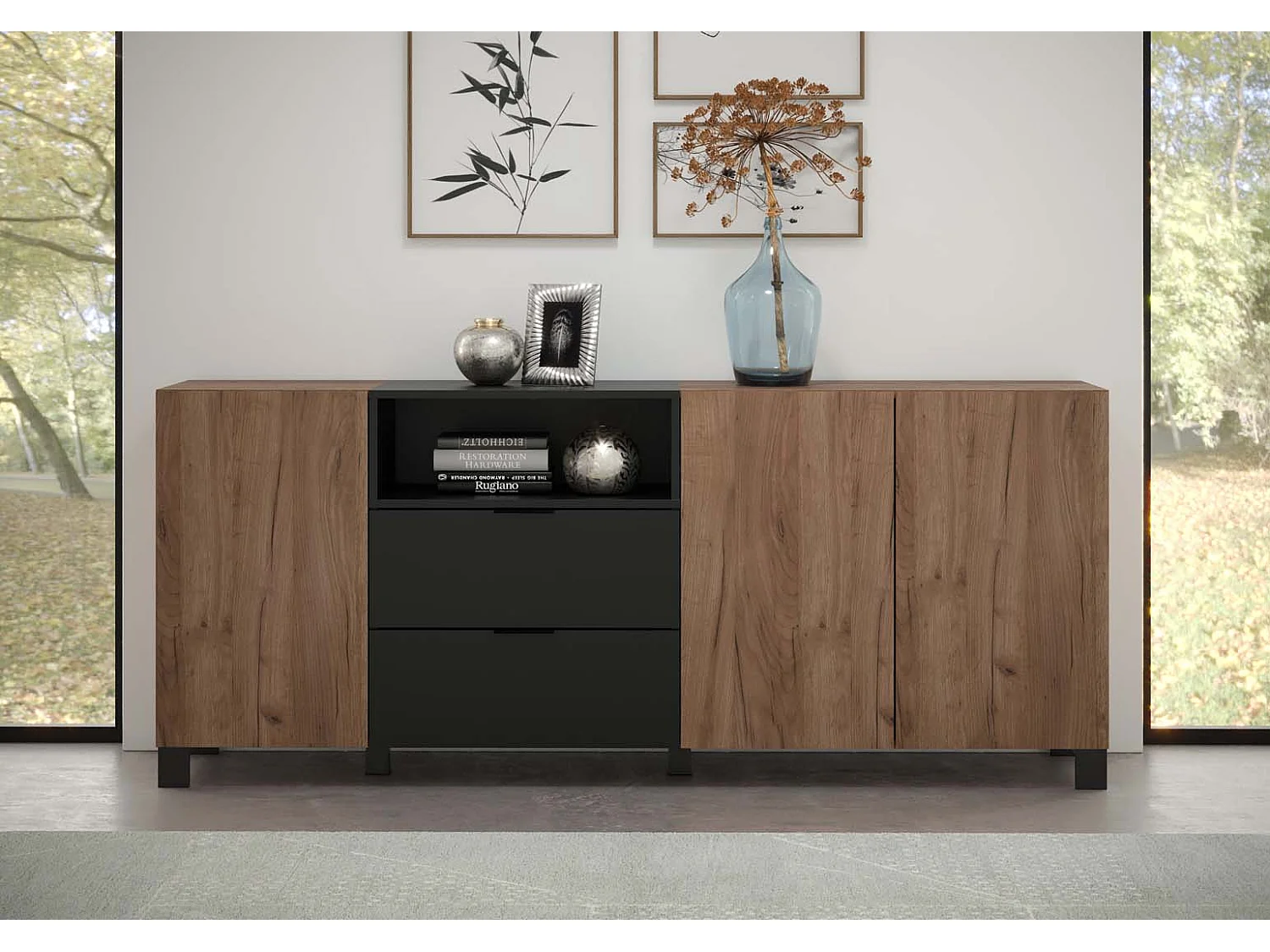 Kendo dressoir 3 deuren, 2 laden, 1 plank, eik decor, zwart mat.