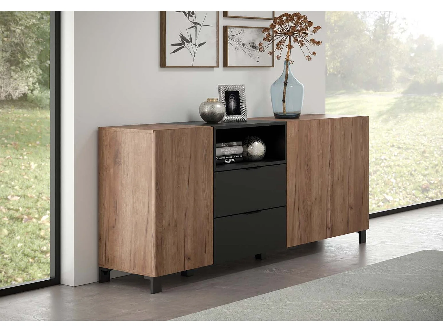 Kendo dressoir 3 deuren, 2 laden, 1 plank, eik decor, zwart mat.