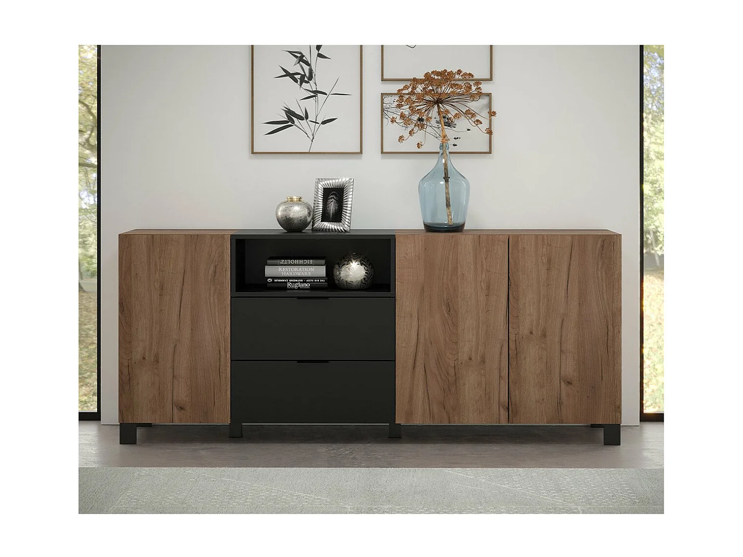 Kendo dressoir 3 deuren, 2 laden, 1 plank, eik decor, zwart mat.