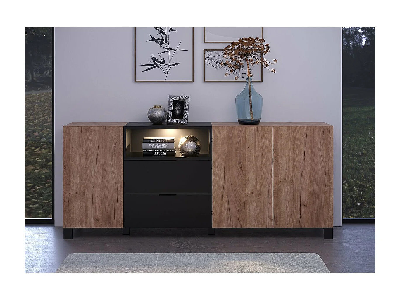 Kendo dressoir 3 deuren, 2 laden, 1 plank, eik decor, zwart mat.