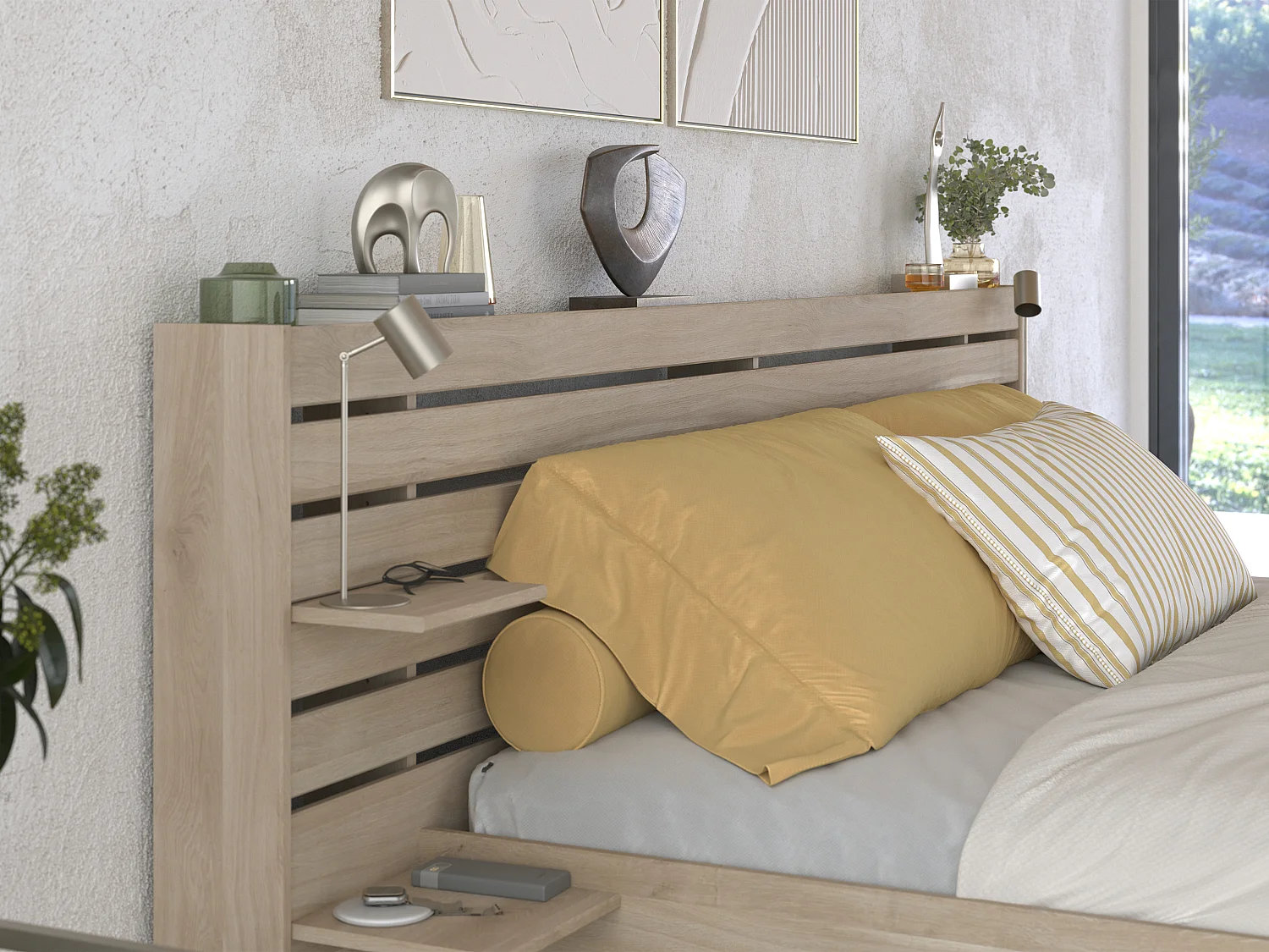 Bett mit Stauraum - 180 x 200 cm - Holzfarben + Lattenrost + Matratze - TENALIA