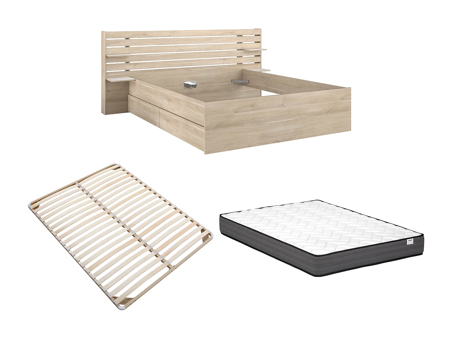 Bett mit Stauraum - 180 x 200 cm - Holzfarben + Lattenrost + Matratze - TENALIA