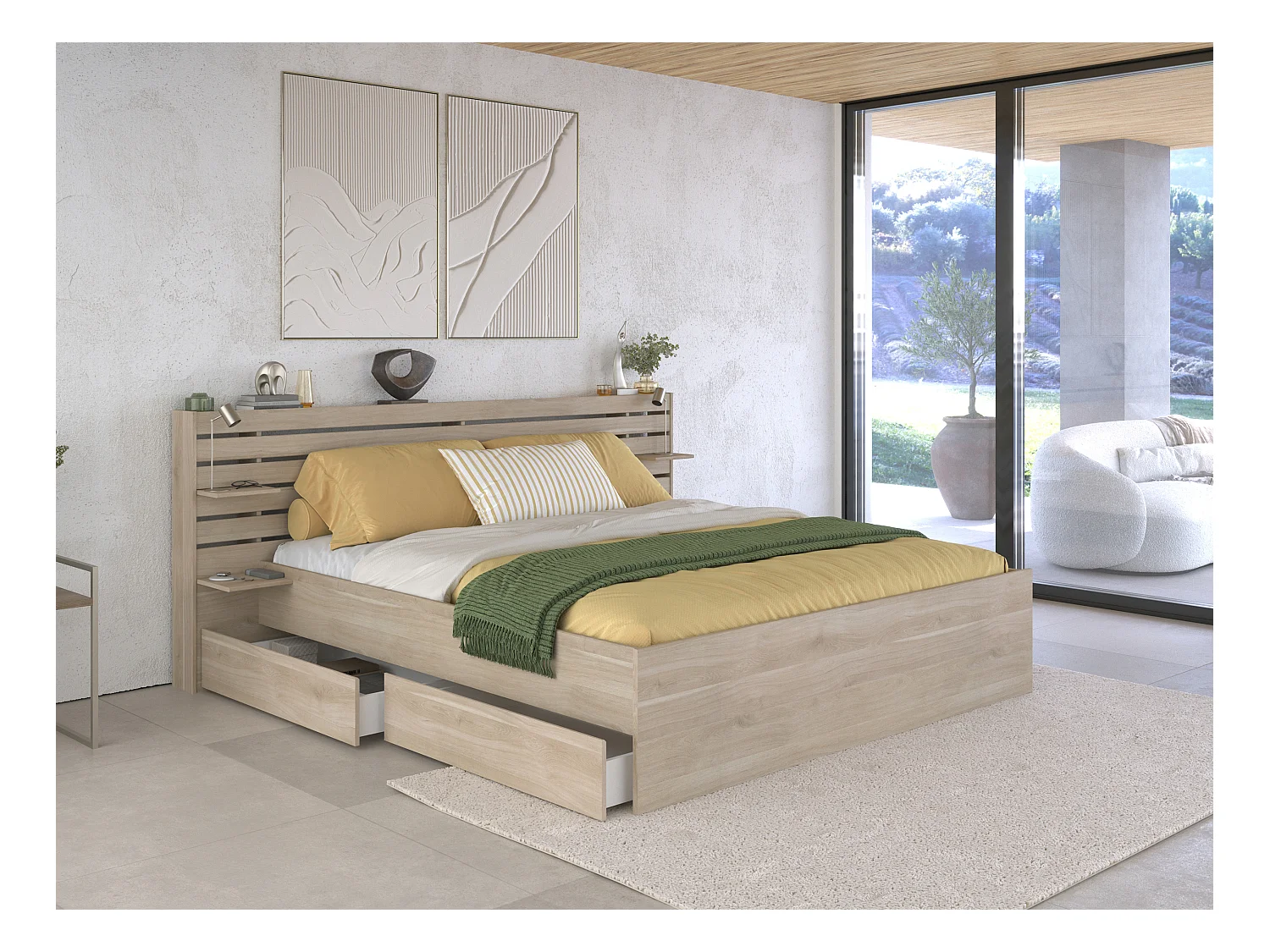 Bett mit Stauraum - 180 x 200 cm - Holzfarben + Lattenrost + Matratze - TENALIA