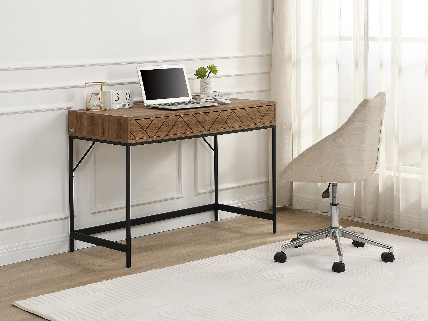 Console avec 2 tiroirs - MDF et acier - Coloris : Naturel et noir - CARATANA