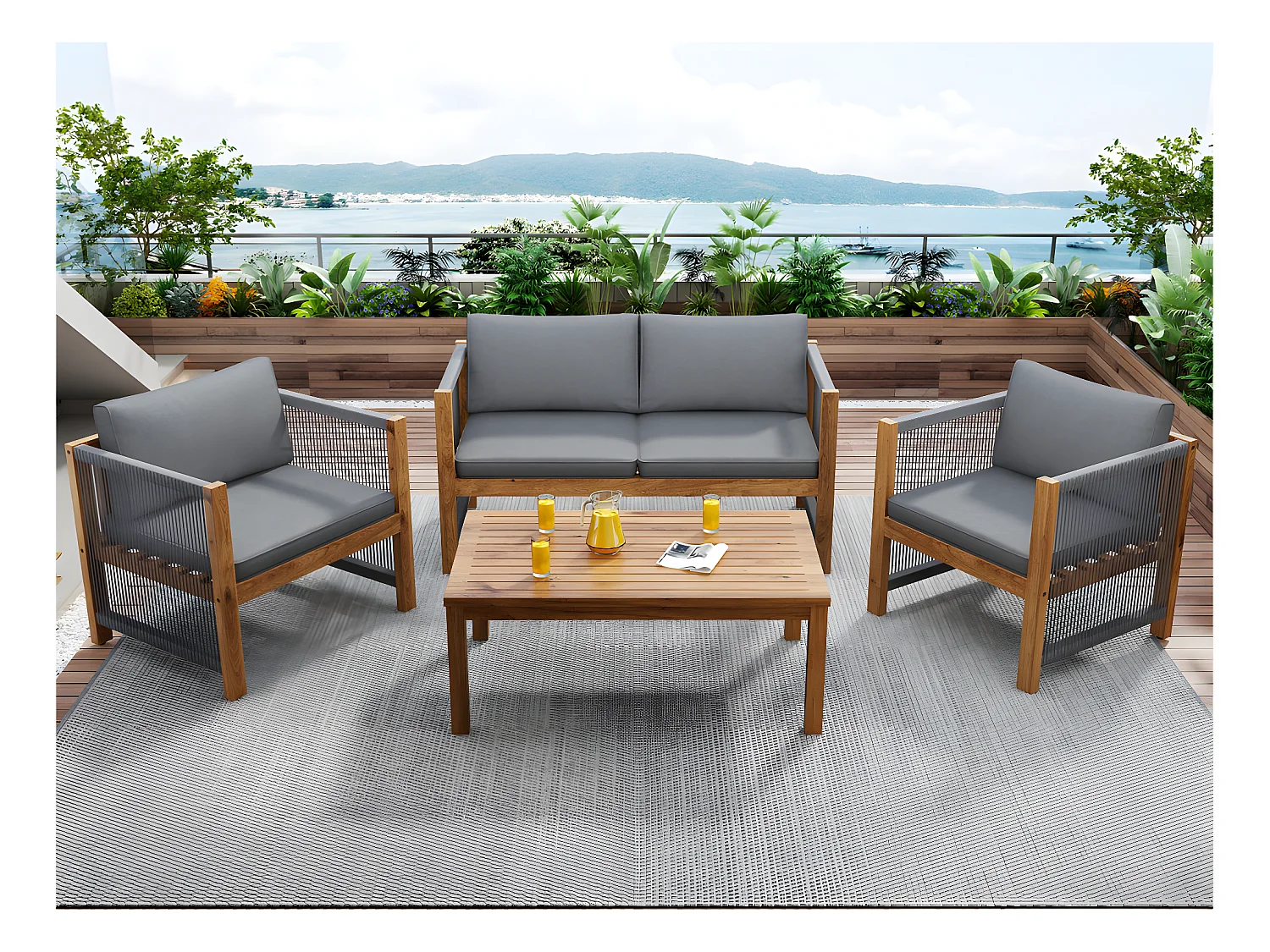 Mobiliario de jardín de acero de 4 plazas - sofá, 2 sillones y mesa de centro - en cuerda tejida y madera de acacia - Gris