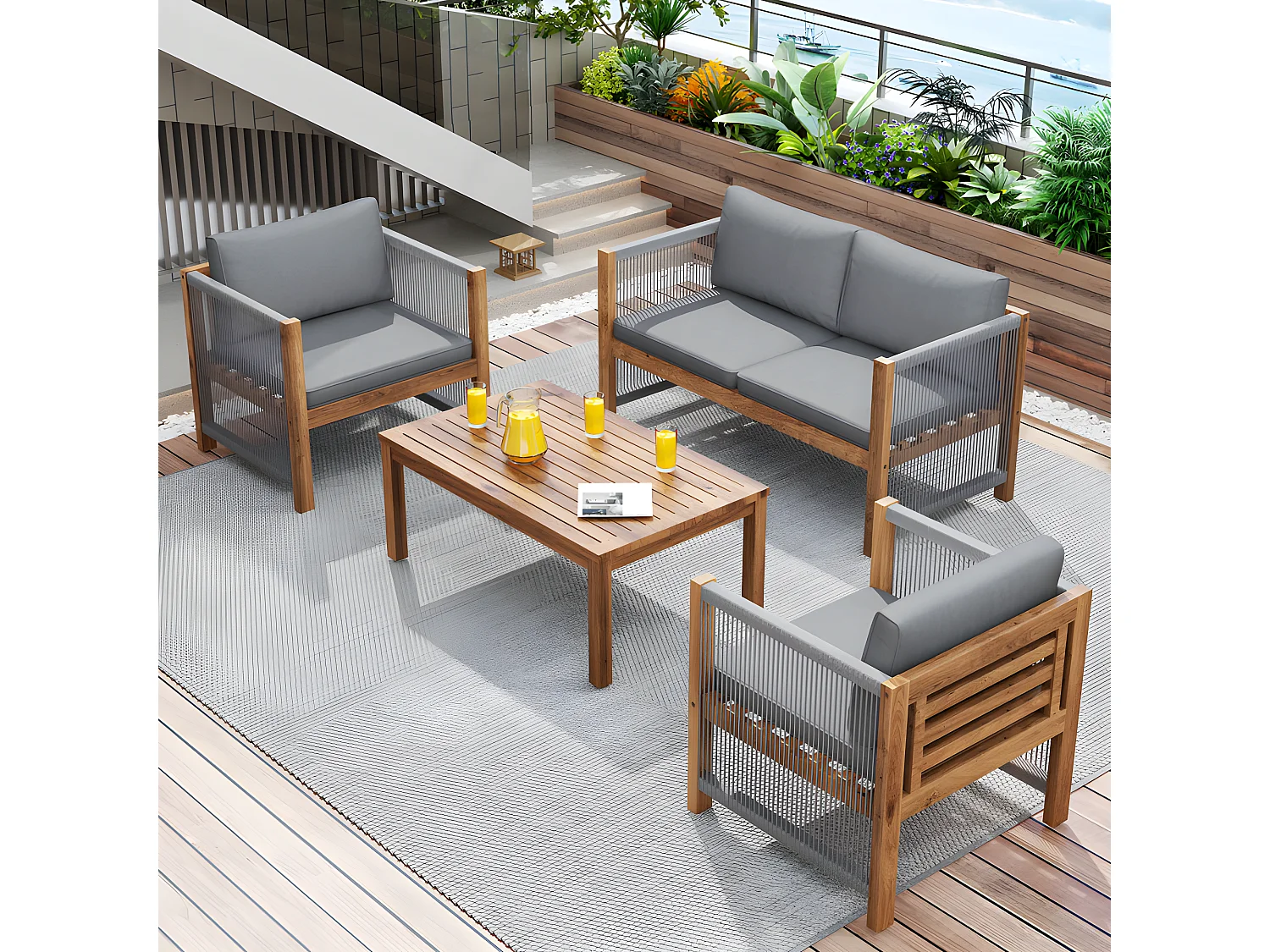 Mobiliario de jardín de acero de 4 plazas - sofá, 2 sillones y mesa de centro - en cuerda tejida y madera de acacia - Gris