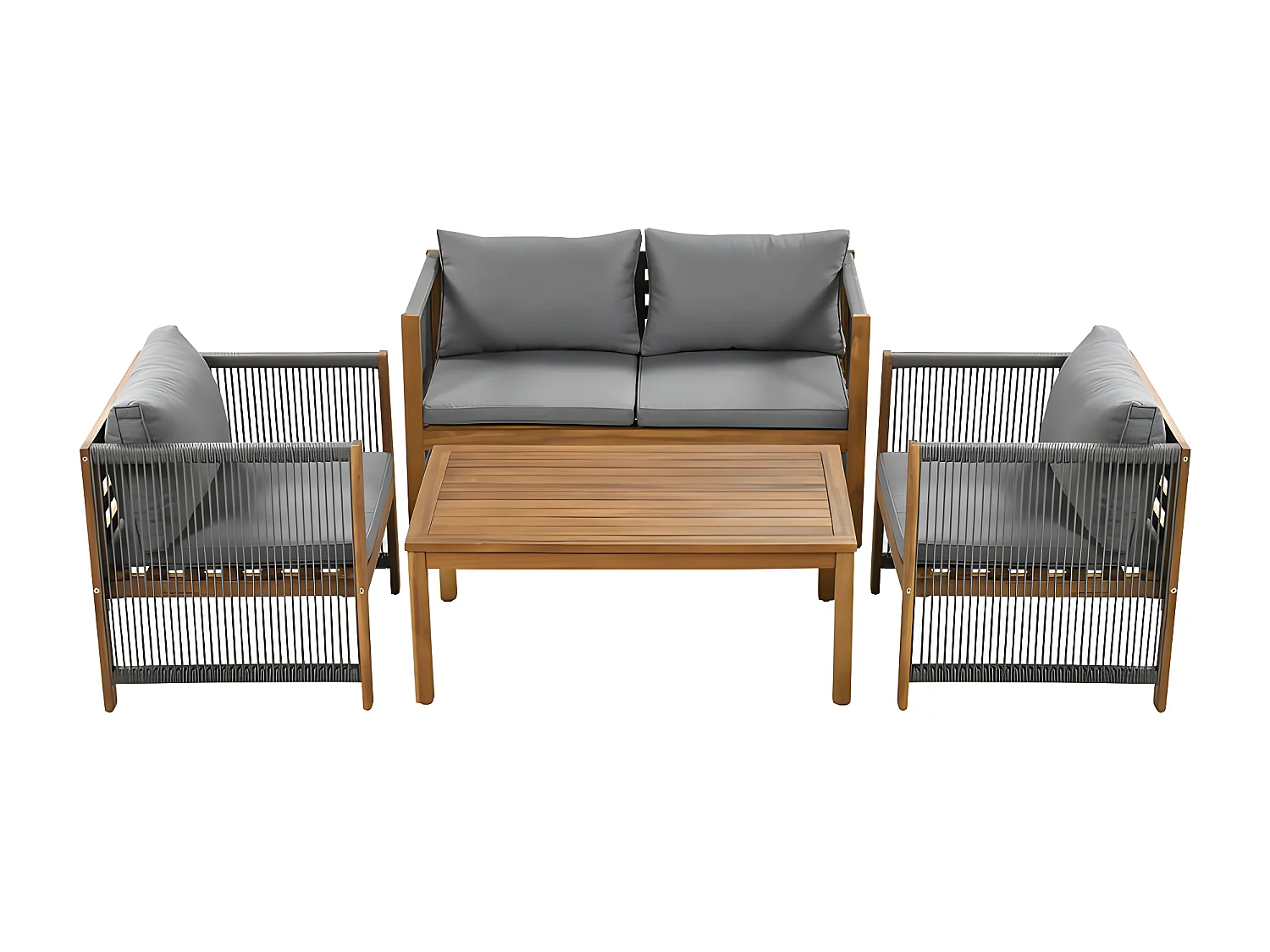 Mobiliario de jardín de acero de 4 plazas - sofá, 2 sillones y mesa de centro - en cuerda tejida y madera de acacia - Gris