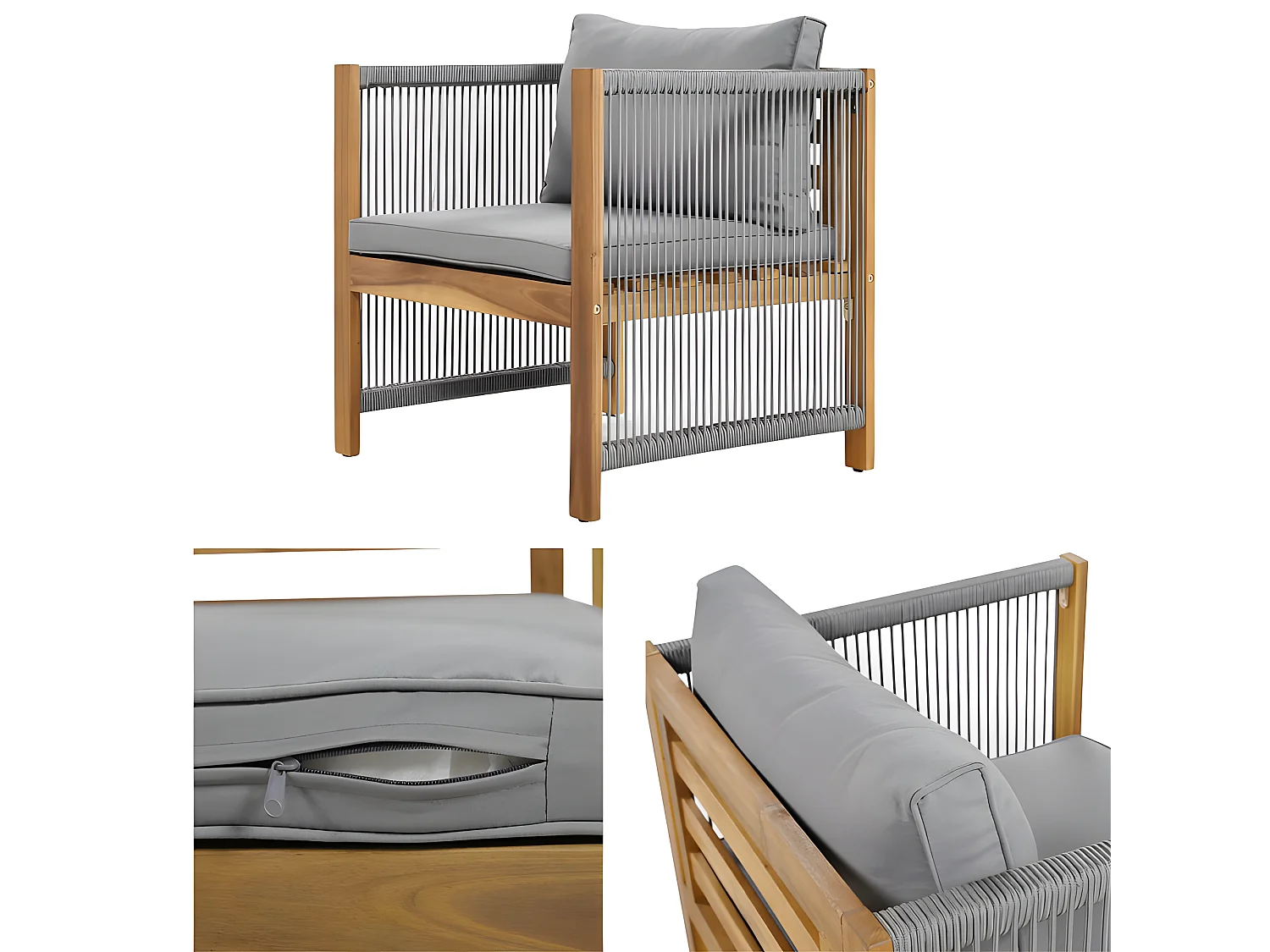 Mobiliario de jardín de acero de 4 plazas - sofá, 2 sillones y mesa de centro - en cuerda tejida y madera de acacia - Gris