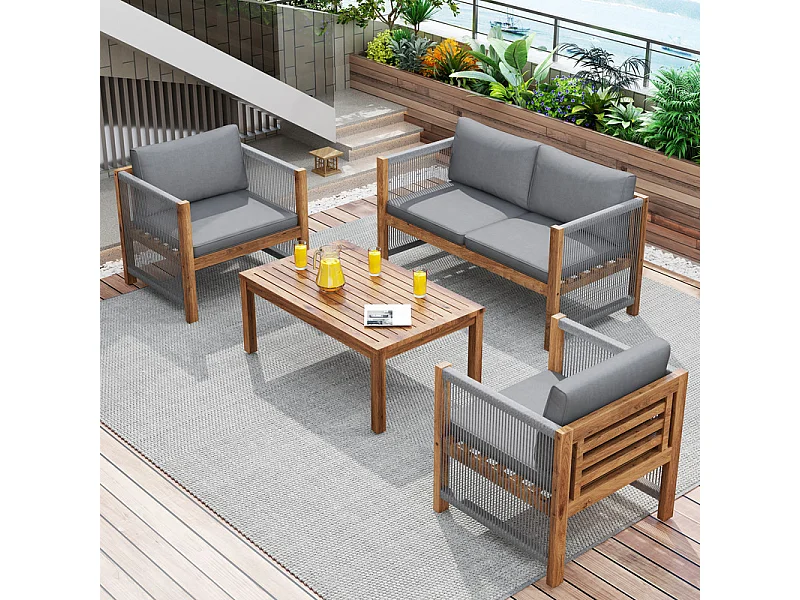 4-Sitzer-Gartenmöbel aus Stahl – Sofa, 2 Sessel und Couchtisch – aus geflochtenem Seil und Akazienholz – Grau