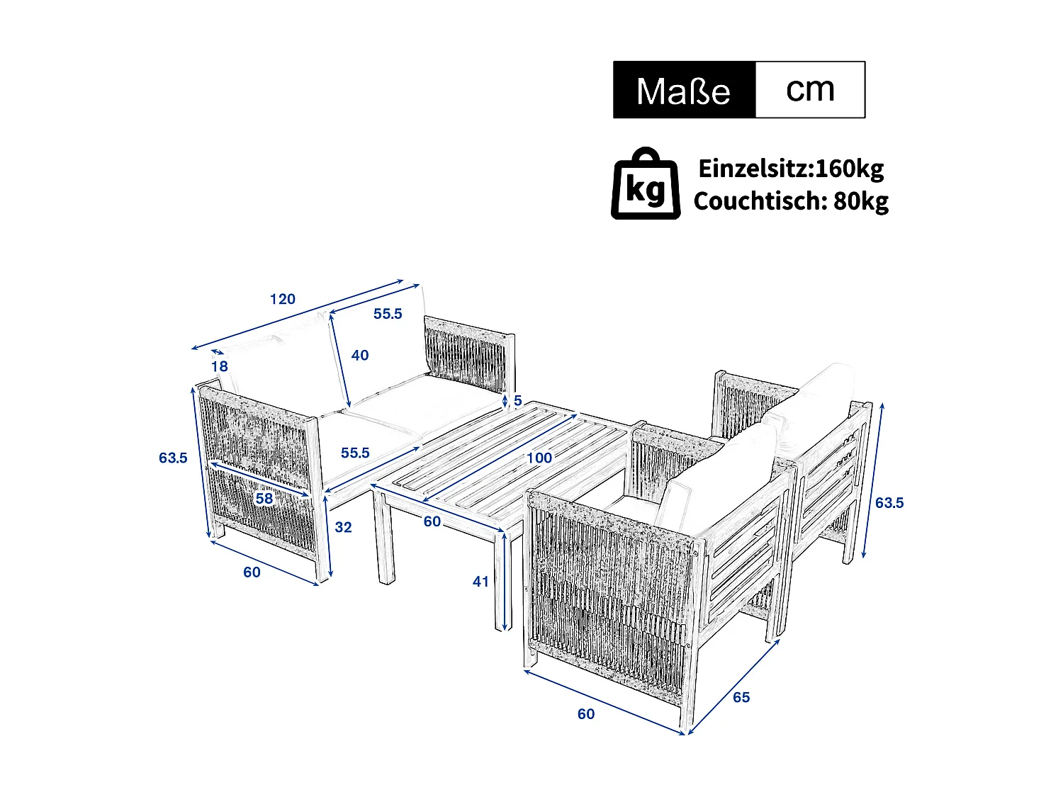 4-Sitzer-Gartenmöbel aus Stahl – Sofa, 2 Sessel und Couchtisch – aus geflochtenem Seil und Akazienholz – Grau