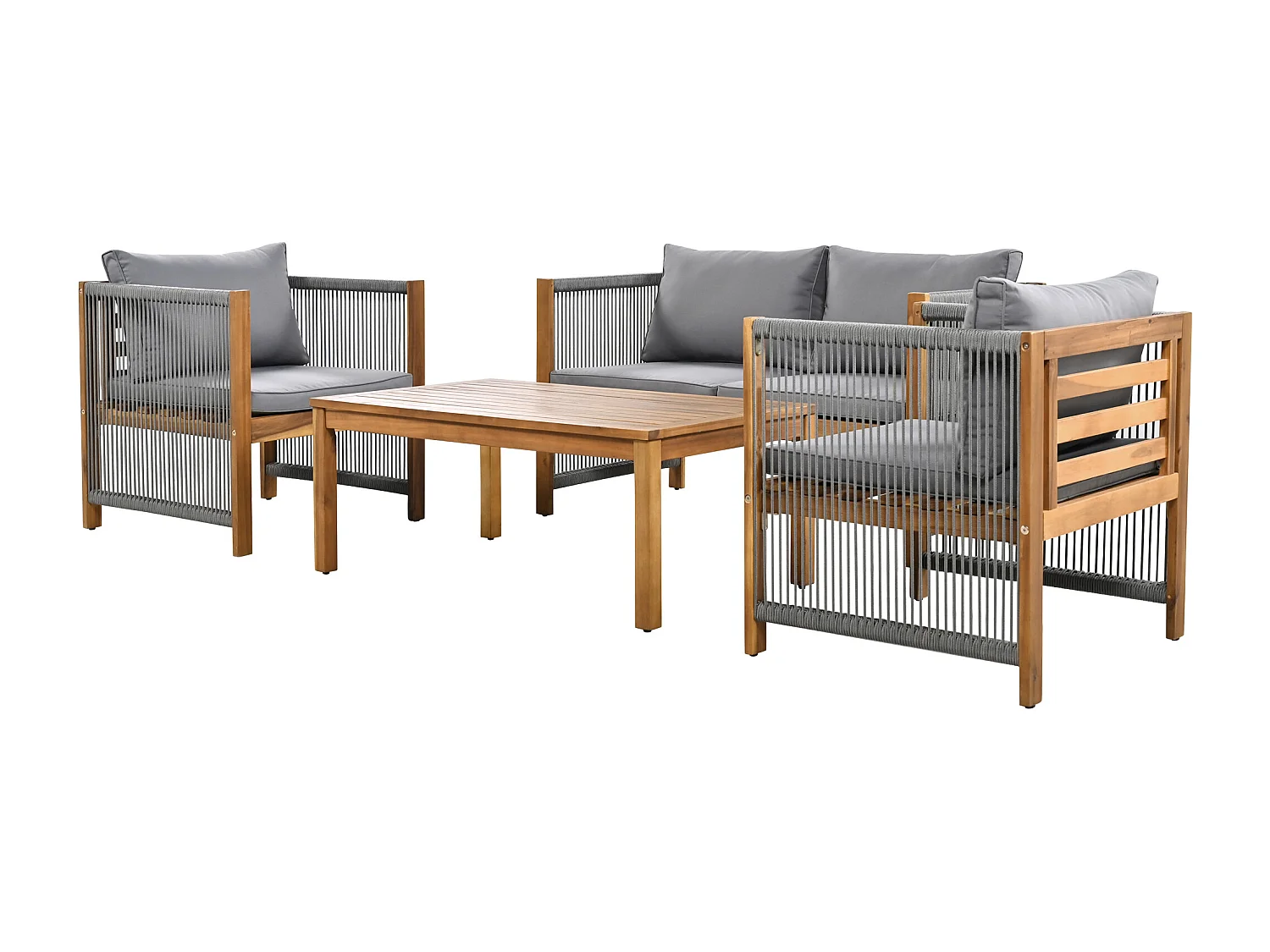 4-Sitzer-Gartenmöbel aus Stahl – Sofa, 2 Sessel und Couchtisch – aus geflochtenem Seil und Akazienholz – Grau