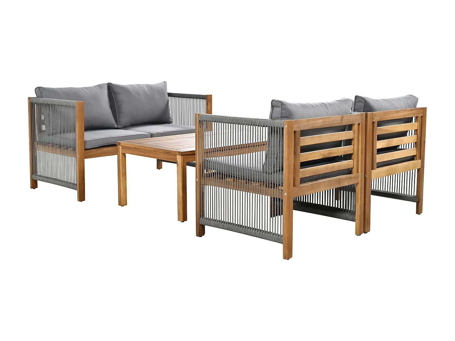 4-Sitzer-Gartenmöbel aus Stahl – Sofa, 2 Sessel und Couchtisch – aus geflochtenem Seil und Akazienholz – Grau