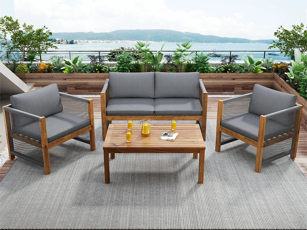 4-Sitzer-Gartenmöbel aus Stahl – Sofa, 2 Sessel und Couchtisch – aus geflochtenem Seil und Akazienholz – Grau