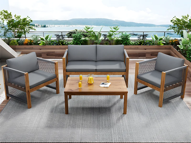 Mobiliario de jardín de acero de 4 plazas - sofá, 2 sillones y mesa de centro - en cuerda tejida y madera de acacia - Gris