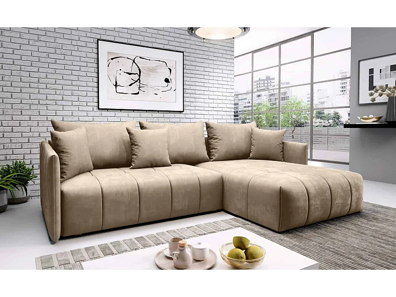 hoekbank aspen L - universele lounge- velvet beige- met bed en opbergruimte