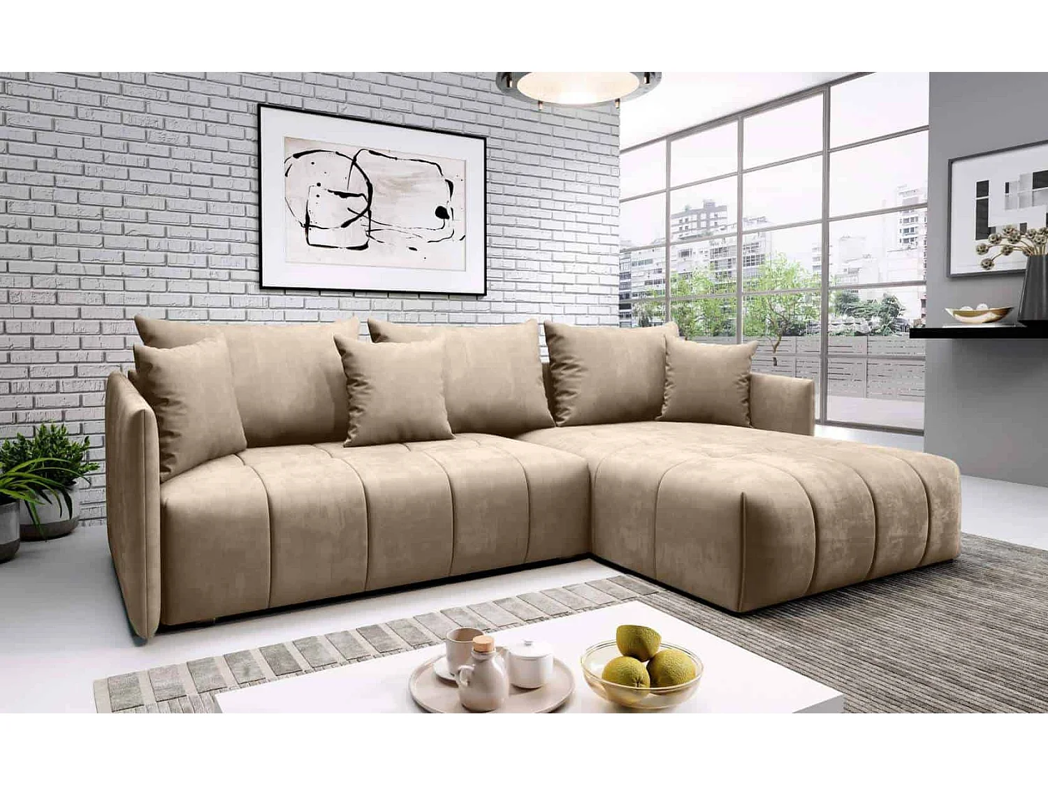 canapé d'angle Aspen L - salon universel - velours beige - avec lit et rangements