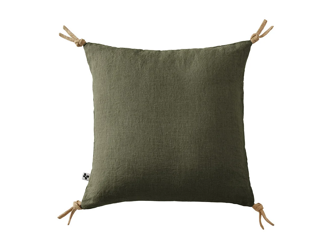 Coussin 45 x 45 cm en lin lavé vert avec 4 nouettes en jute - LUISA