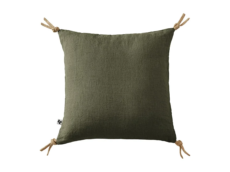 Coussin 45 x 45 cm en lin lavé vert avec 4 nouettes en jute - LUISA