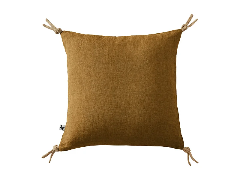 Coussin 45 x 45 cm en lin lavé caramel avec 4 nouettes en jute - LUISA