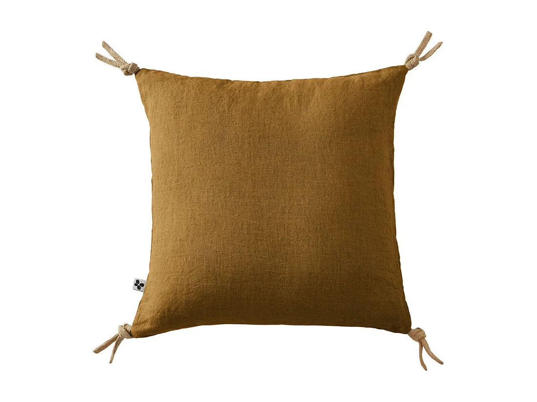 Coussin 45 x 45 cm en lin lavé caramel avec 4 nouettes en jute - LUISA