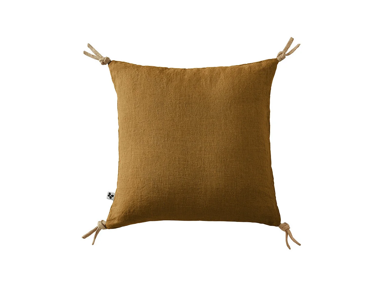 Coussin 45 x 45 cm en lin lavé caramel avec 4 nouettes en jute - LUISA