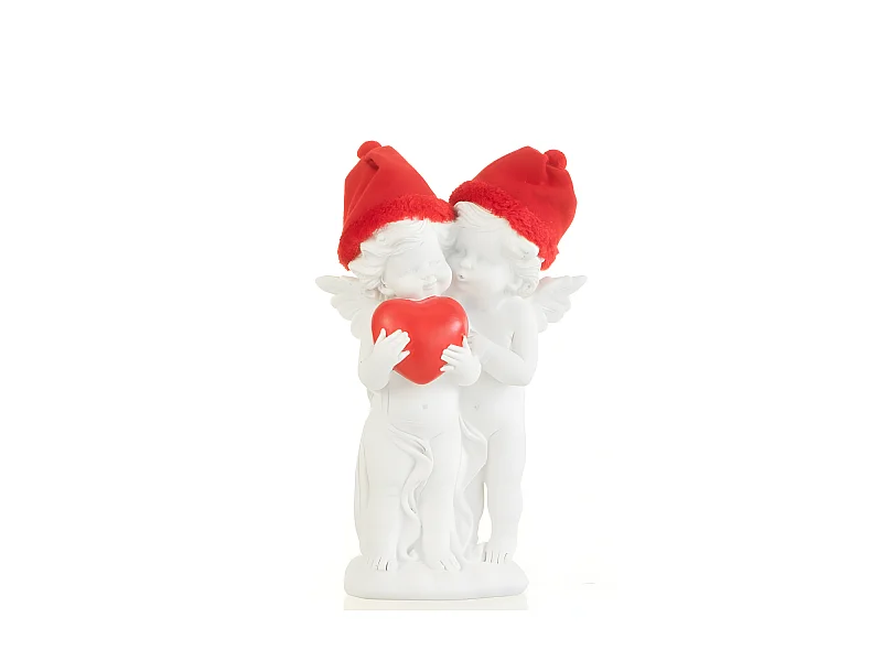 2 ángeles de pie con corazón rojo en resina blanca 11.5x12x26 cm