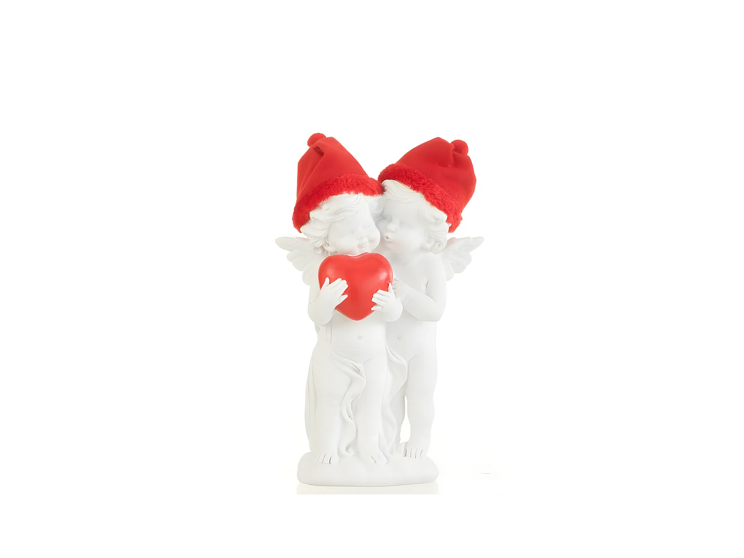 2 ángeles de pie con corazón rojo en resina blanca 11.5x12x26 cm