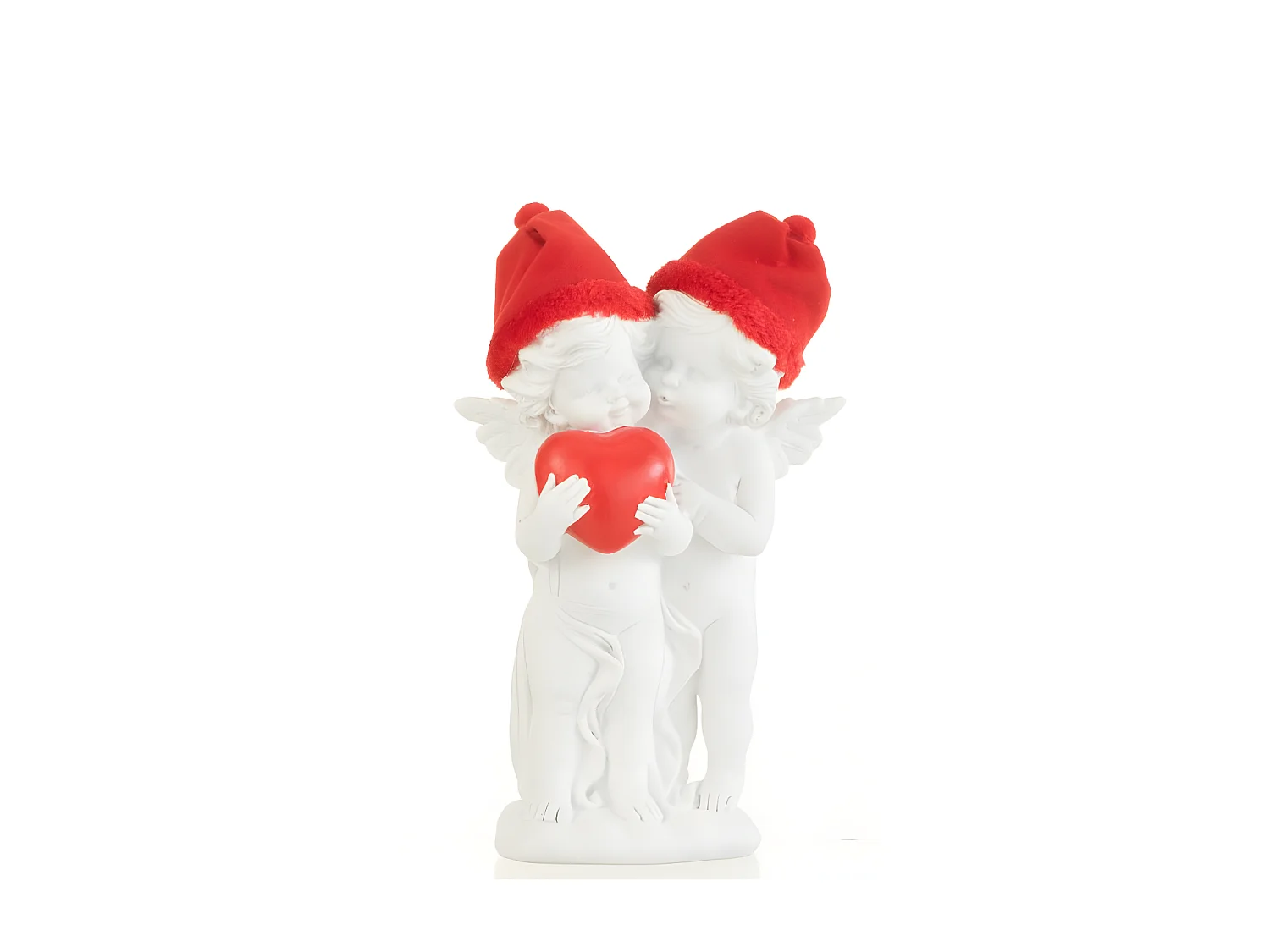 2 ángeles de pie con corazón rojo en resina blanca 11.5x12x26 cm