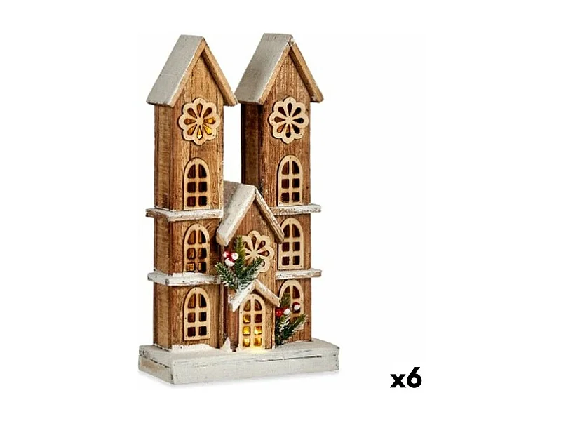 Figurine Décorative Lumière Maison Blanc Marron Bois 25 x 46 x 9 cm (6 Unités)