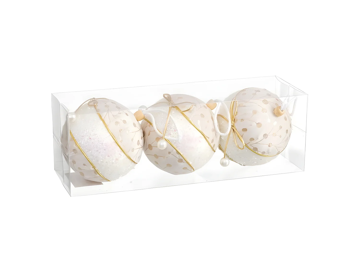 Boules de Noël Blanc Doré Polyfoam Tissu Lien 10 x 10 x 10 cm (3 Unités)