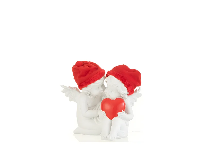 2 ángeles sentados con corazón rojo en resina blanca 18.1x13x21 cm