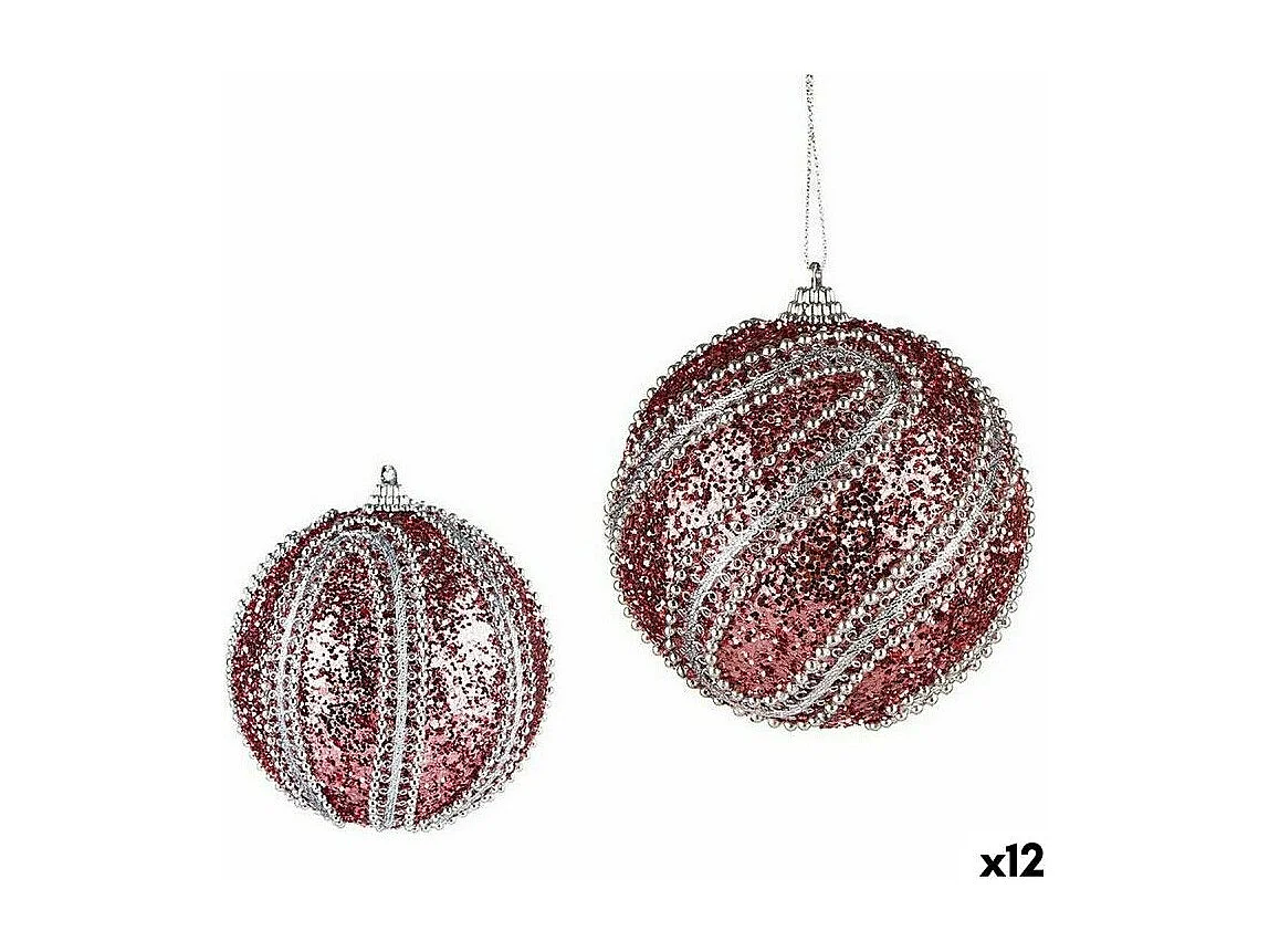 Lot de boules de Noël Avec relief Ø 10 cm Rose Argenté PVC (12 Unités)