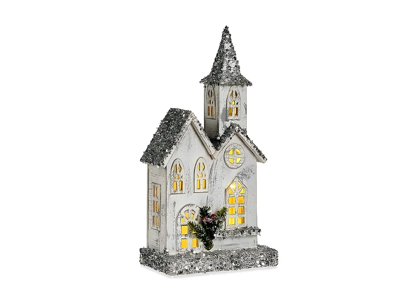 Figurine Décorative Noël Paillettes Lumière LED Maison 22 x 45 x 11 cm Gris Bois Blanc
