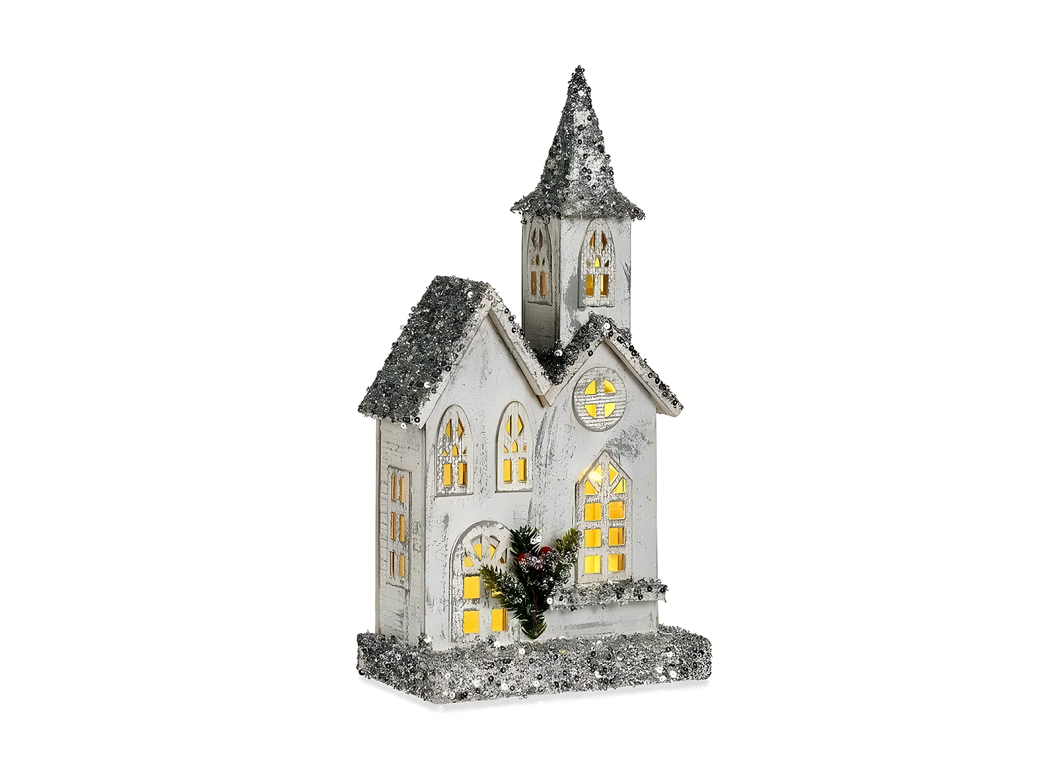 Figurine Décorative Noël Paillettes Lumière LED Maison 22 x 45 x 11 cm Gris Bois Blanc