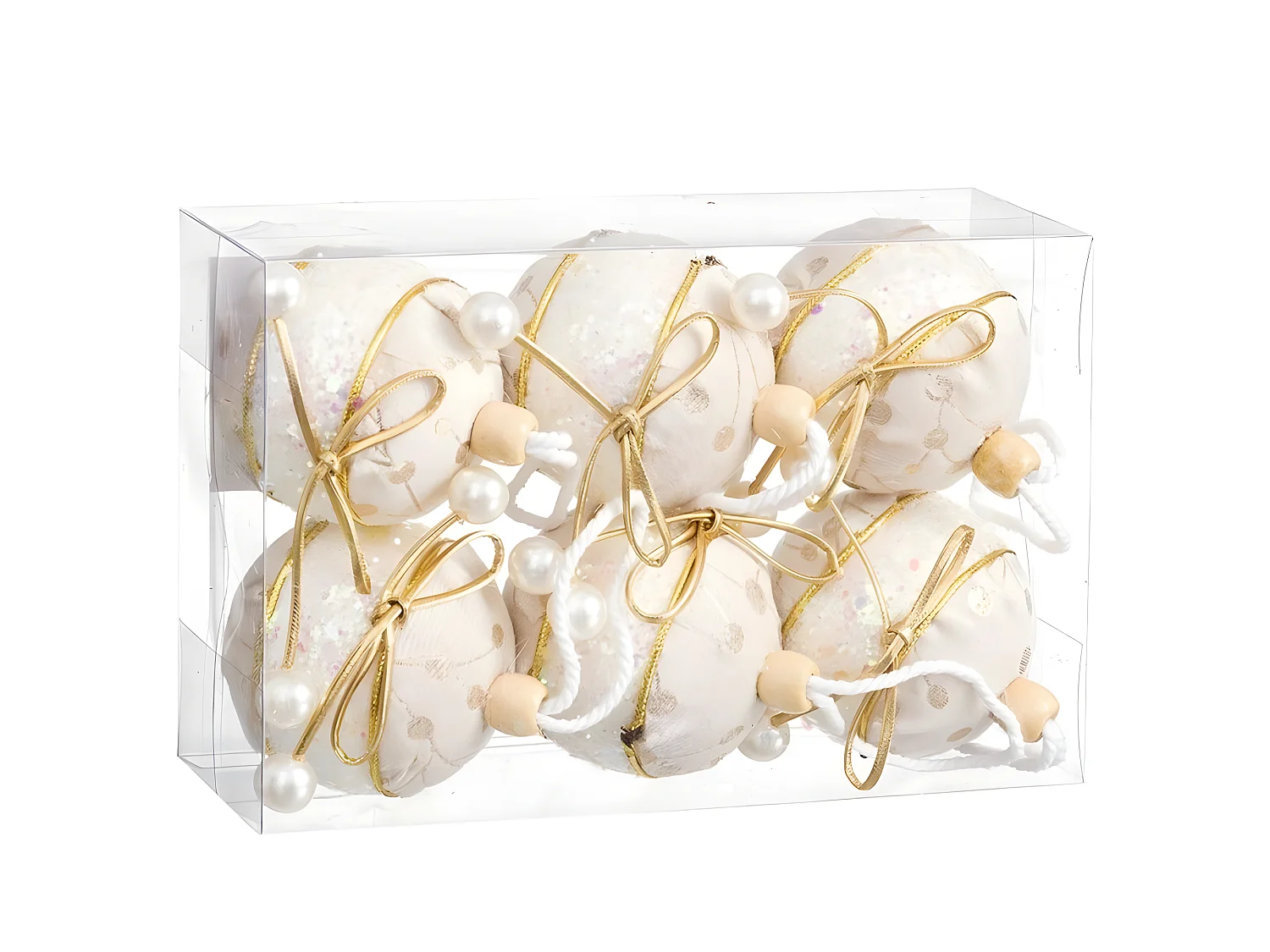 Boules de Noël Blanc Doré Polyfoam Tissu Lien 6 x 6 x 6 cm (6 Unités)