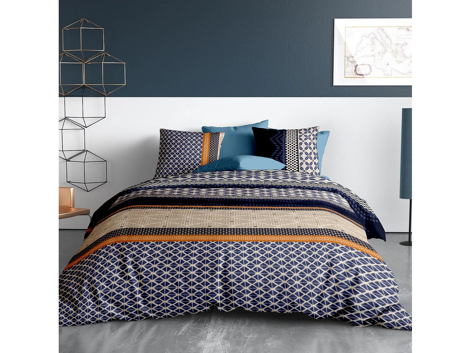 Parure de lit - Housse de couette 220x240 cm Réversible + 2 taies d'oreiller 100% Percale de Coton 71 fils Noé