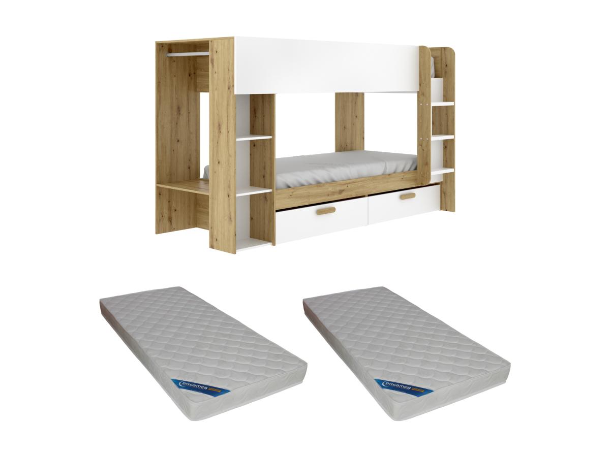 Etagenbett mit Stauraum & Kleiderstange + Matratze - 2 x 90 x 200 cm - Weiß günstig online kaufen