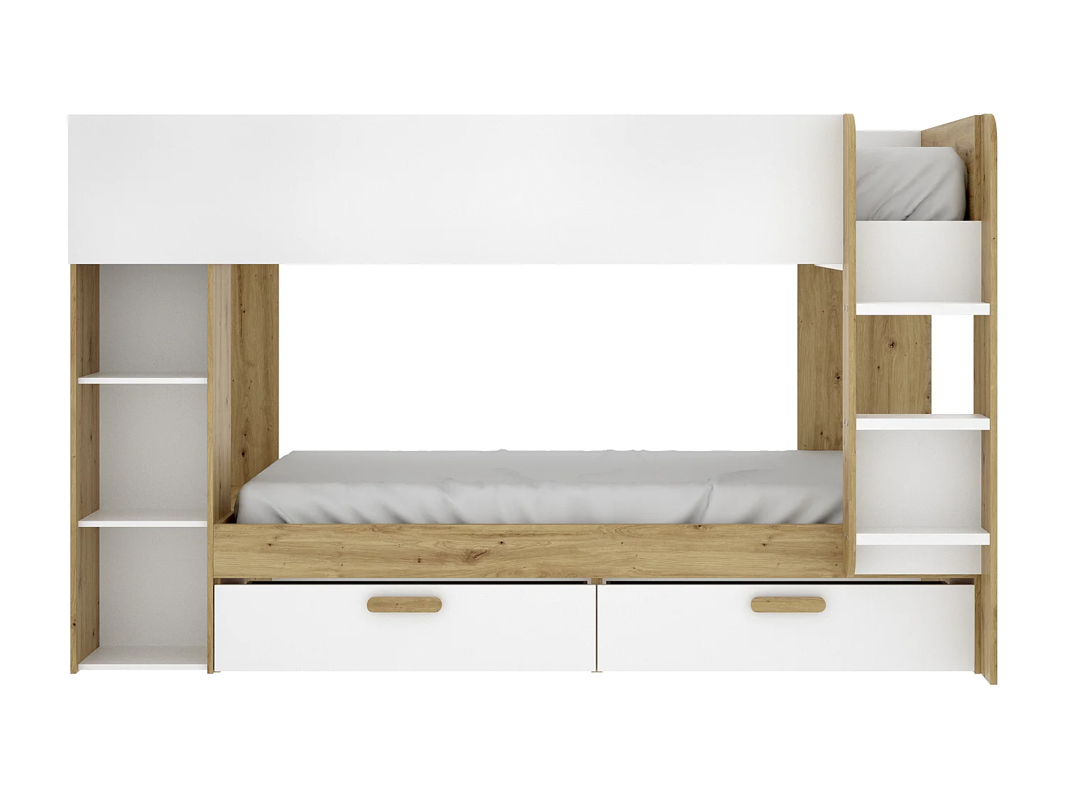 Våningssäng 2 x 90 x 200 cm med förvaring och garderob - Vit och naturlig + Madrass - OZANA