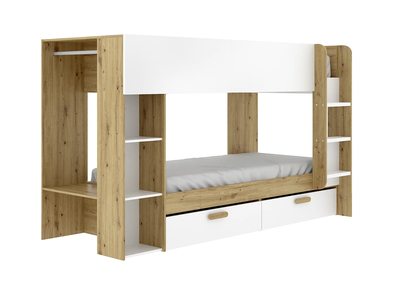 Lits superposés 2 x 90 x 200 cm avec rangements et penderie - Blanc et naturel + Matelas - OZANA