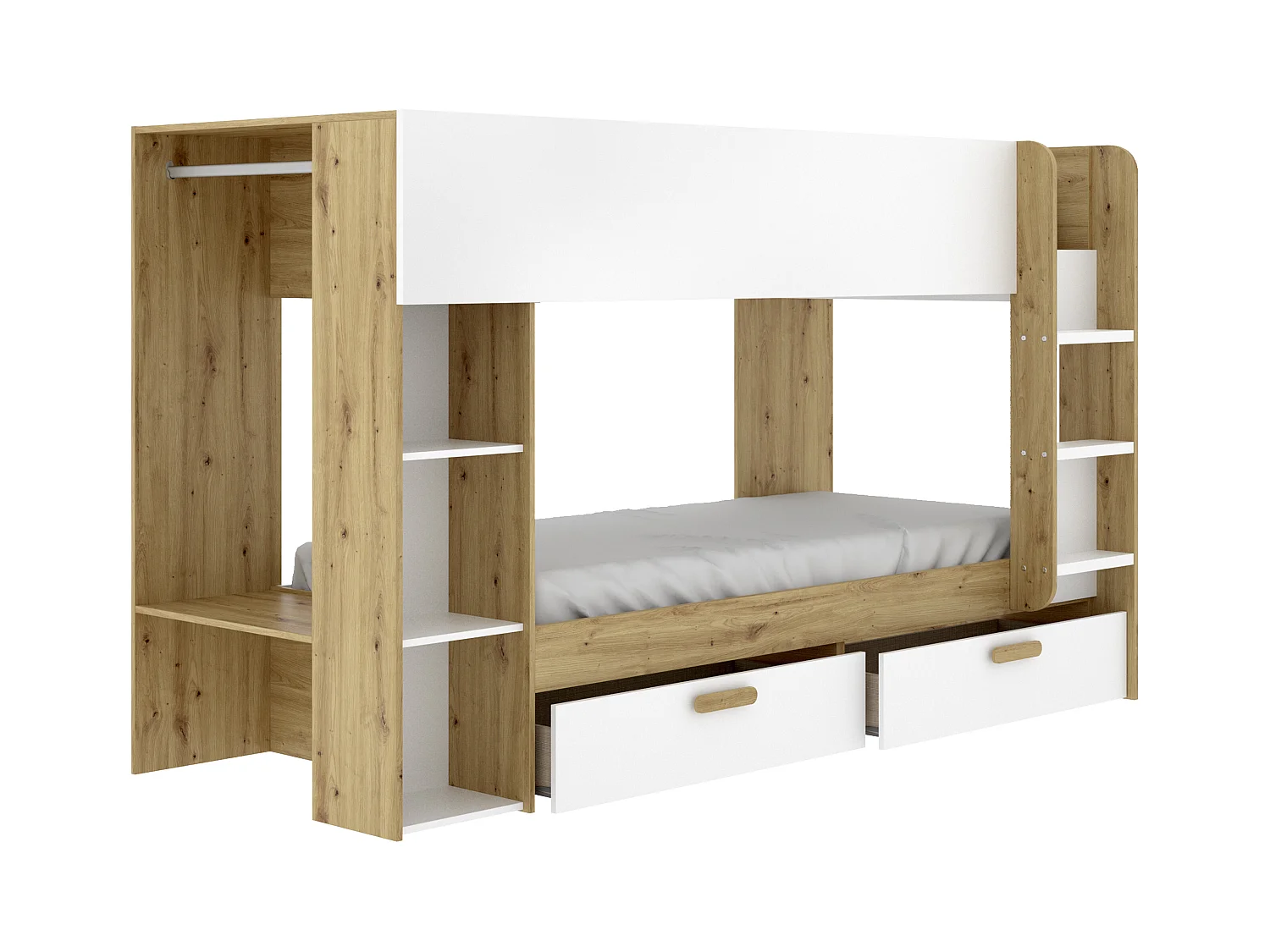 Lits superposés 2 x 90 x 200 cm avec rangements et penderie - Blanc et naturel + Matelas - OZANA